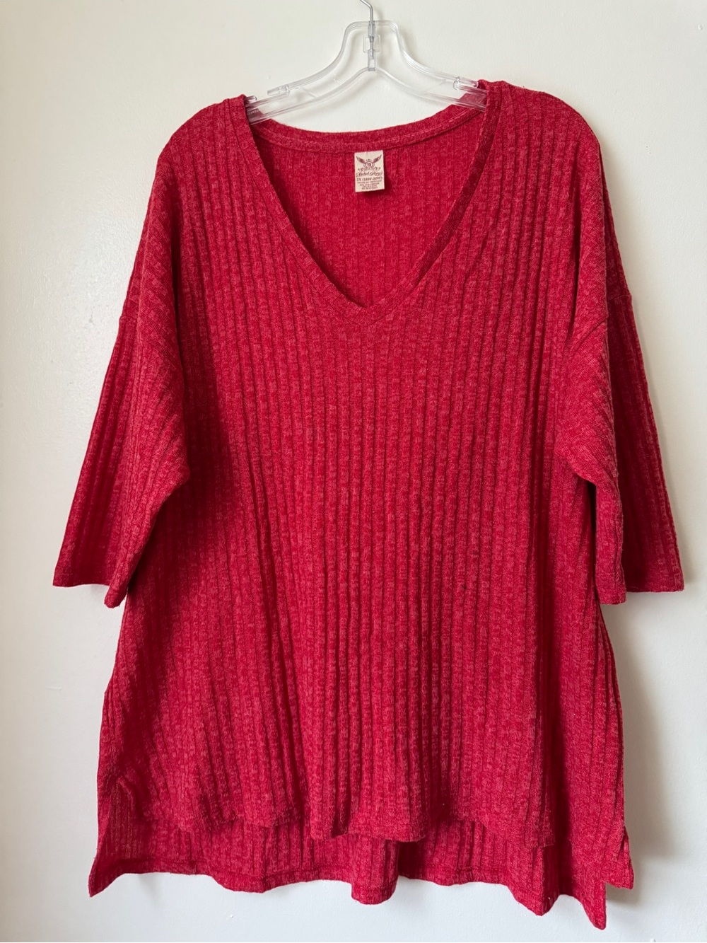 Faded Glory Red Ribbed Tunic Top 2X 18W-20W V-Neck Plus Size